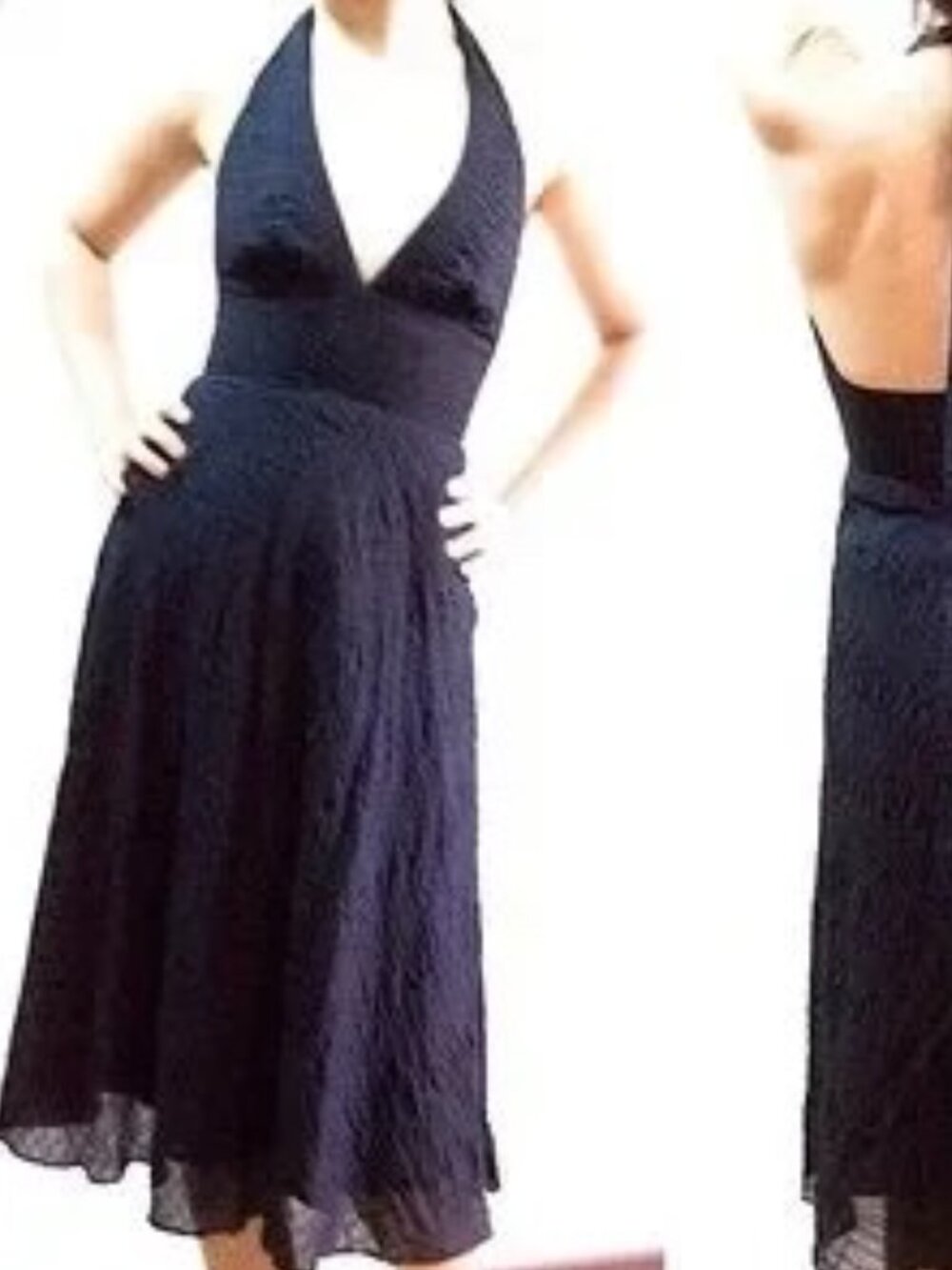 JCrew Halter Dress Early 2000's -Navy Blue Seersucker Midi Size: 4